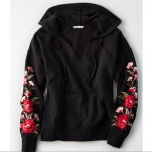 Embroidered Floral Notch-Neck Hoodie- AEO